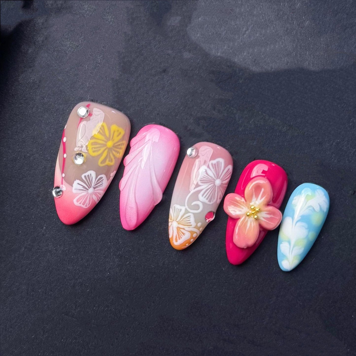 Tropical Floral Gradient Press-On Nails with 3D Flowers and Butterfly Art. Artificial reusable fake glue on faux manicure nails trendy art.