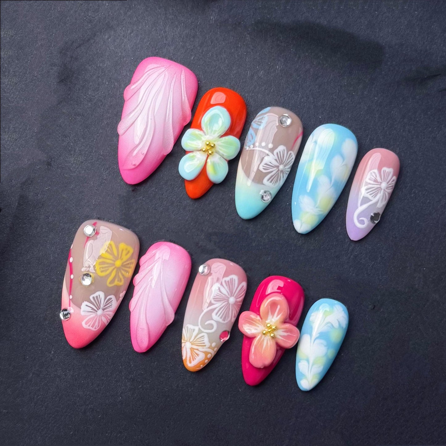 Tropical Floral Gradient Press-On Nails with 3D Flowers and Butterfly Art. Artificial reusable fake glue on faux manicure nails trendy art.