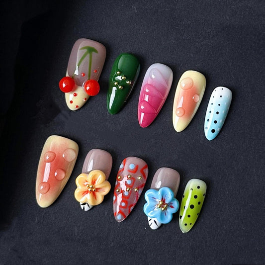Cherry Pop & Botanical Mix Press-On Nails – Bright Summer Fun Art Nails. Artificial reusable fake glue on faux manicure nails trendy art.