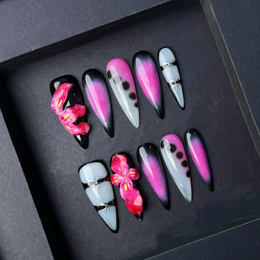 Gothic Orchid Pink & Black Ombre Press-On Nails with 3D Florals and Dot Accents