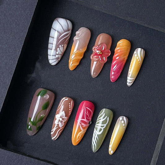 Autumn Floral Press-On Nails – Fall Leaves & Hand-Painted Botanical Art. Artificial reusable fake glue on faux manicure nails trendy art.