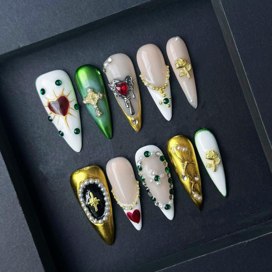 Gothic Baroque Sacred Heart Press-On Nails– Emerald Gold & Pearl Cross Set. Artificial reusable fake glue on faux manicure nails trendy art.