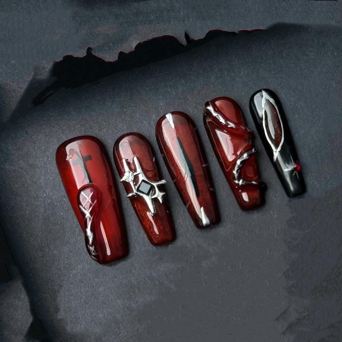Deep Red and Black Gothic Press-On Nails with Chrome & Crystal Accents. Artificial reusable fake glue on faux manicure nails trendy art.