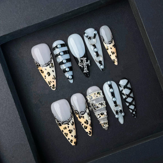Leopard Lace & Punk Chrome Press-On Nails with Charms and Pearls. Artificial reusable fake glue on faux manicure nails trendy art.