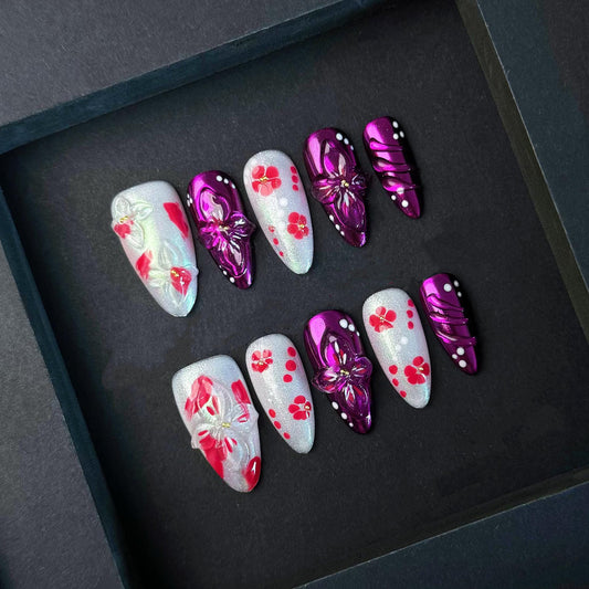 Chrome Fuchsia and Pearl White Floral Press-On Nails with 3D Blossoms. Artificial reusable fake glue on faux manicure nails trendy art.