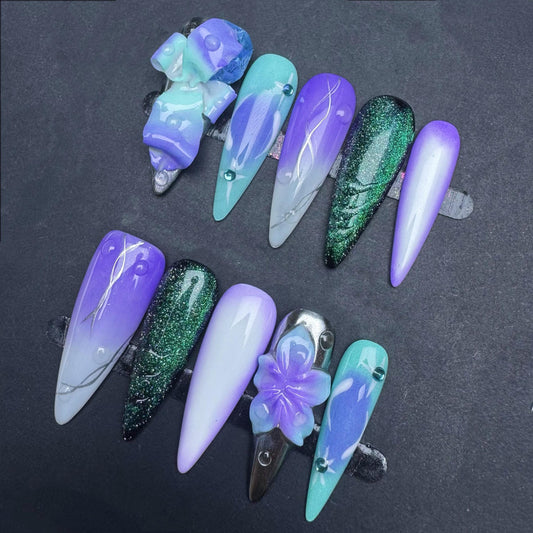 Mystical Purple and Teal Gradient Press-On Nails with 3D Flowers and Shimmer. Artificial reusable fake glue on faux manicure  trendy art.