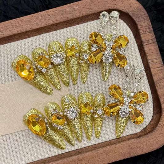 Luxe Yellow Glitter Press-On Nails with 3D Rhinestone Butterflies and Jewels. Artificial reusable  glue on faux manicure nails trendy art.