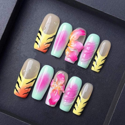 Tropical Flame Gradient Press-On Nails – Neon Floral & Tiger Stripe Design. Artificial reusable fake glue on faux manicure nails trendy art.