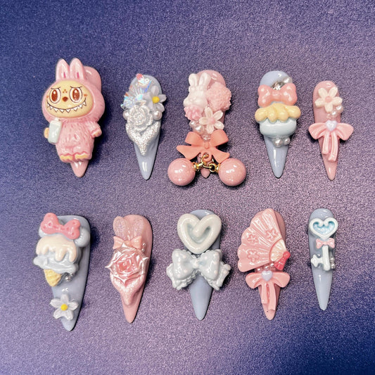 Pastel Kawaii Press On Nails with 3D Bunny Ice Cream Heart Key Design Cute Pink Purple Handmade False Nails Fairy core Yami Kawaii Style