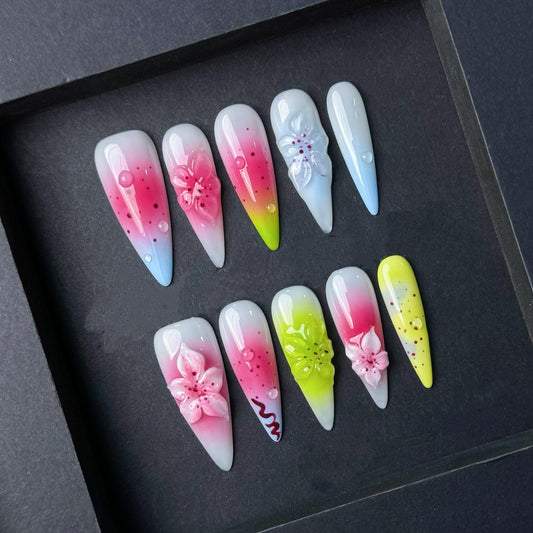 Hand painted Gradient Spring Blossom Press-On Nails – 3D Floral Ombre Set. Artificial reusable fake glue on faux manicure nails trendy art.