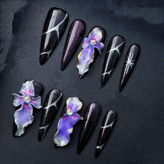 Cosmic Orchid Galaxy Press-On Nails with Purple Chrome Sparkle and 3D Floral Accents. Artificial reusable  faux manicure nails trendy art.