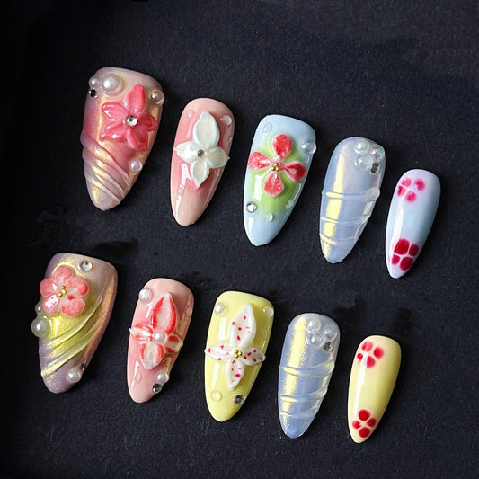 Spring Blossom Jelly Press On Nails – Pastel Floral 3D Pearl Accent Set