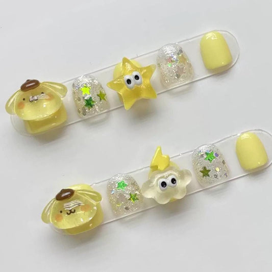 Cute Yellow Star Puppy Press On Nails for Kids Glitter Cartoon  Nail Set with 3D Charms. Artificial reusable faux manicure nails trendy art.