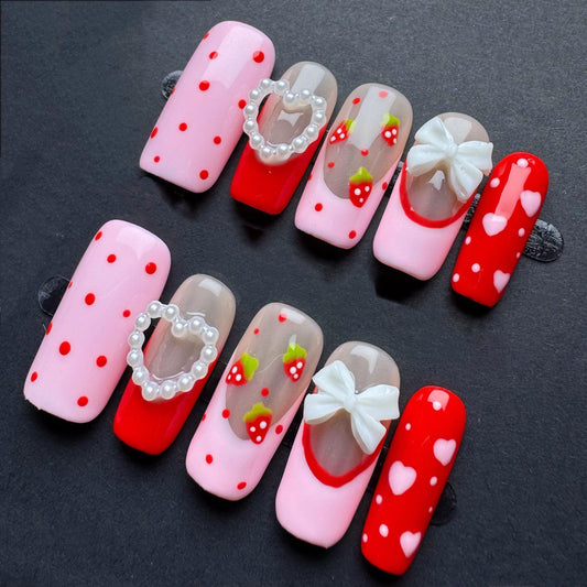 Sweetheart Strawberry Bow Press On Nails – Red Pink Pearl Heart Cute Nails with 3D Charm Accents. Artificial faux manicure nails trendy art.