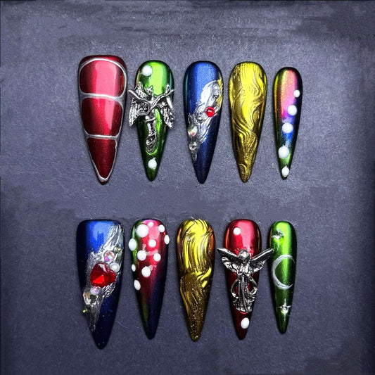 Cosmic Chrome Guardian Press-On Nails – Handmade Metallic Galaxy Nail Set with Angel Charms and Sculpted Chrome Details