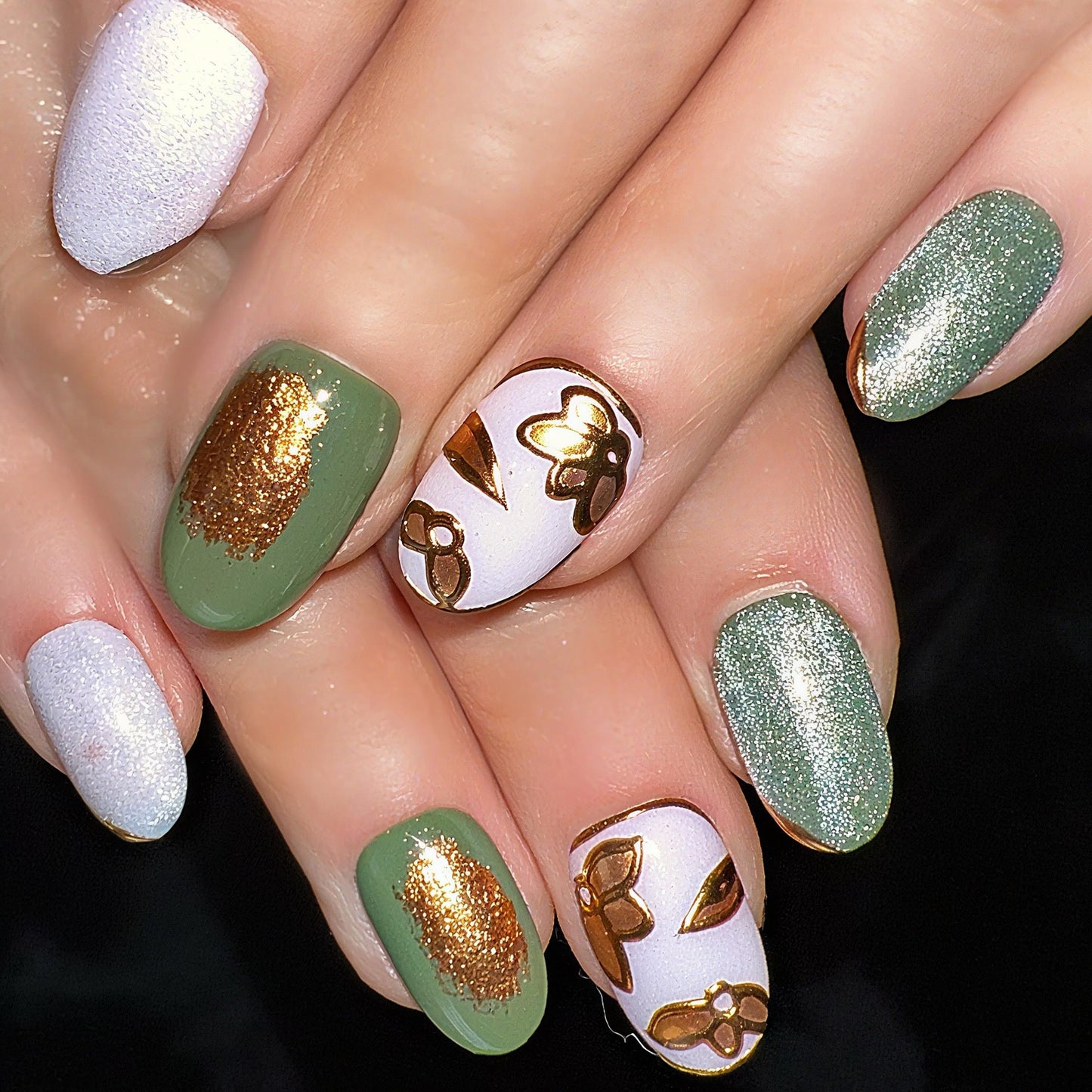 Sage Green Butterfly Press-On Nails – Oval Reusable Nails